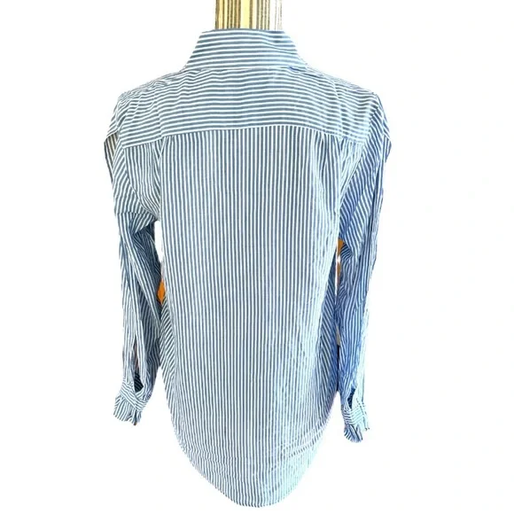 ATTITUDES by Renée Button Down Open Sleeve Ruffle Cuff Shirt, Blue stripe, Sz S - Picture 3 of 4